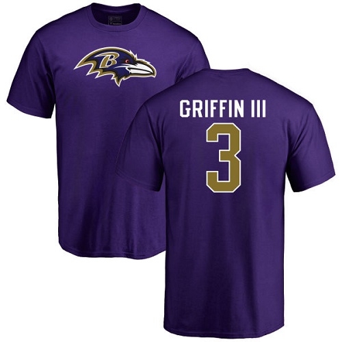 Men Baltimore Ravens Purple Robert Griffin III Name and Number Logo NFL Football #3 T Shirt